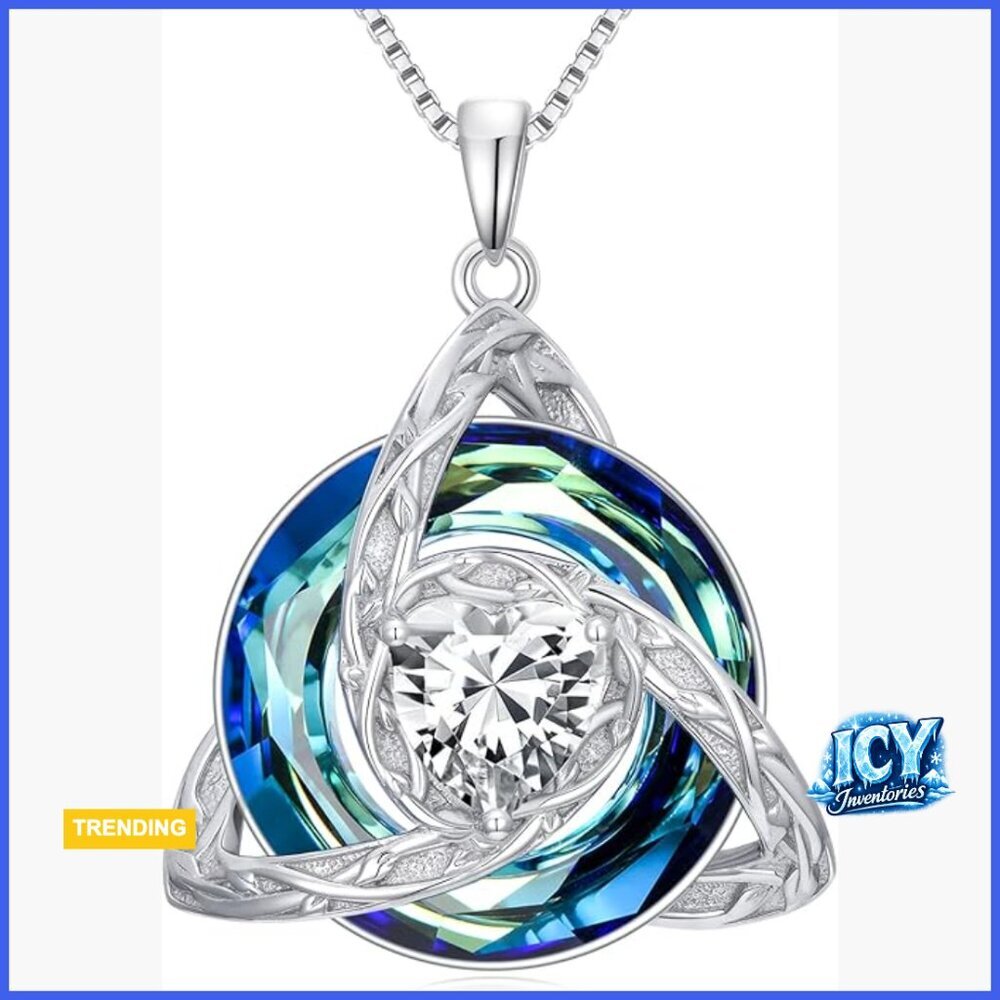 925 Sterling Silver Celtic Trinity Knot Pendant Necklace with Austria Crystal